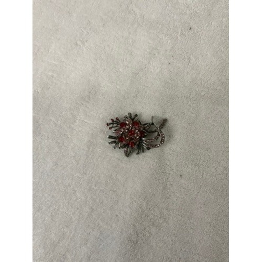 Vintage Style Red Pink Rhinestone Flower Bouquet Brooch Gunmetal Tone Pin